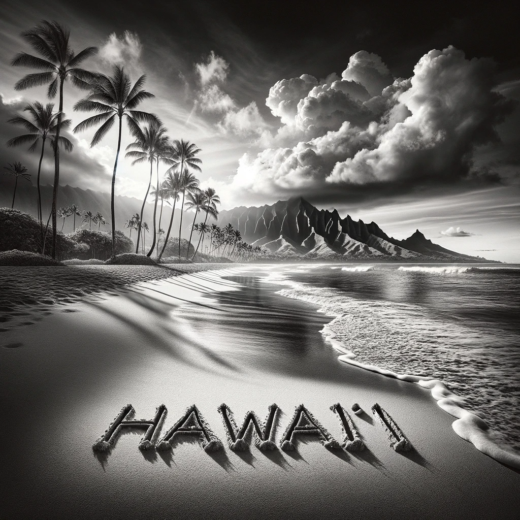 A_black_and_white_image_showcasing_the_beauty_of_Hawai_i_with_the_correct_spelling_of_Hawai_i_in_the_scene._The_composition_includes_a_stunning_Hawa