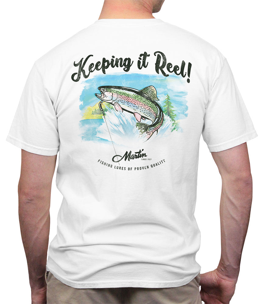 (Official) Martin Fish Lure Co. | Trout Keeping It Reel! T-Shirt Short Sleeve | Authentic Vintage Apparel | White (Official) Martin Fish Lure Co. | Trout Keeping It Reel! T-Shirt Short Sleeve | Authentic Vintage Apparel | White