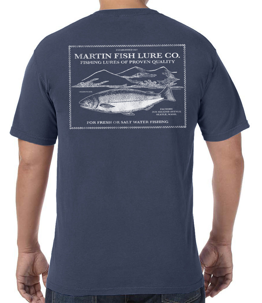 (Official) Martin Fish Lure Co. | Salmon Lure Vintage Label T-Shirt Short Sleeve | Authentic Vintage Apparel | Denim | XL (Official) Martin Fish Lure Co. | Salmon Lure Vintage Label T-Shirt Short Sleeve | Authentic Vintage Apparel | Denim | XL