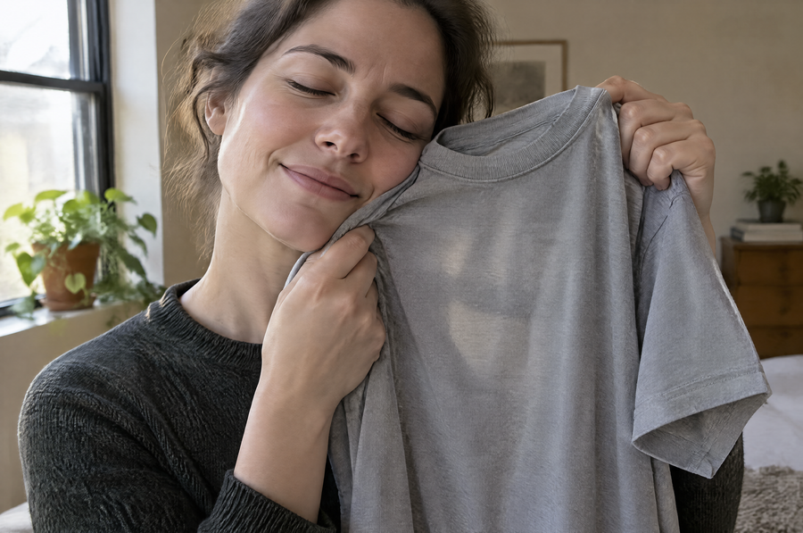 A woman with her eyes closed holding a soft-washed grey cotton t-shirt against her cheek