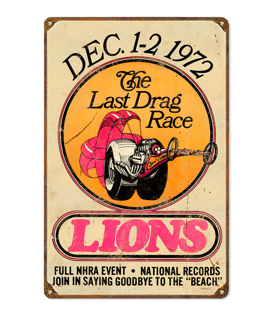 LIONS DRAG STRIP ダメージ加工木製看板 90's(ビッグサイズ) Lions Last Drag Metal Sign – Malibu Shirts