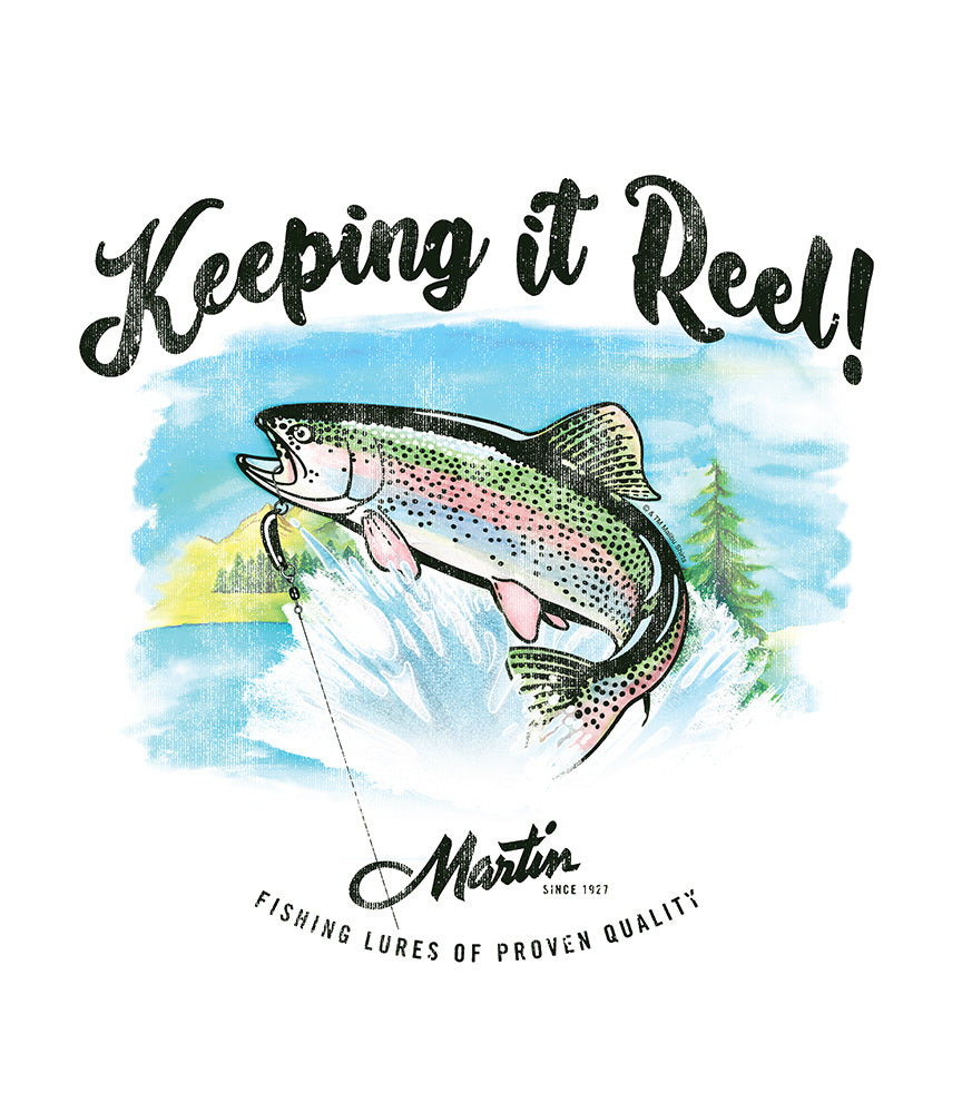 (Official) Martin Fish Lure Co. | Trout Keeping It Reel! T-Shirt Short Sleeve | Authentic Vintage Apparel | White (Official) Martin Fish Lure Co. | Trout Keeping It Reel! T-Shirt Short Sleeve | Authentic Vintage Apparel | White