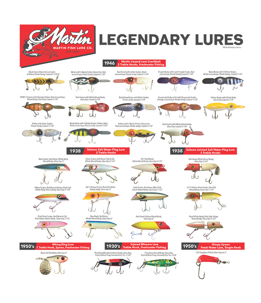 (Official) Martin Fish Lure Co. | Legendary Lures Collection T-Shirt Short Sleeve | Authentic Vintage Apparel | White (Official) Martin Fish Lure Co. | Legendary Lures Collection T-Shirt Short Sleeve | Authentic Vintage Apparel | White