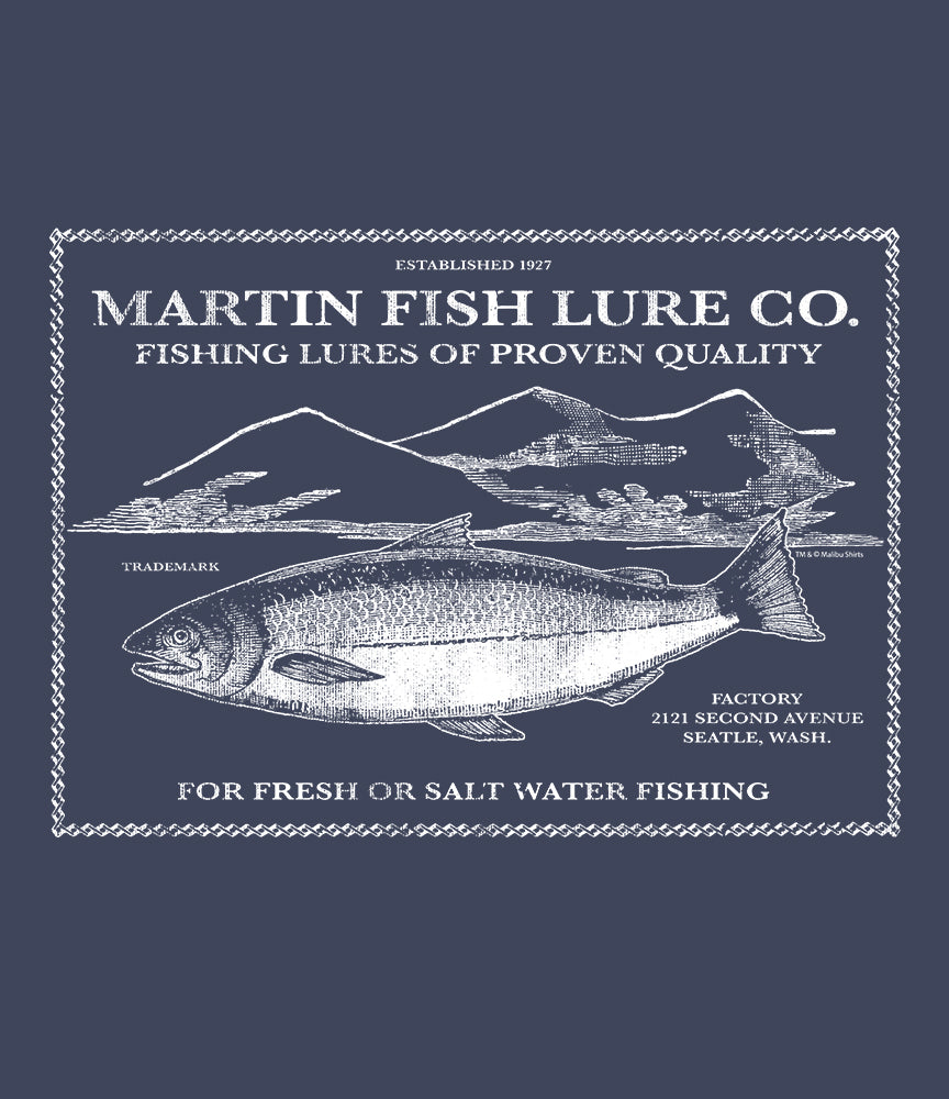 (Official) Martin Fish Lure Co. | Salmon Lure Vintage Label T-Shirt Short Sleeve | Authentic Vintage Apparel | Denim | XL (Official) Martin Fish Lure Co. | Salmon Lure Vintage Label T-Shirt Short Sleeve | Authentic Vintage Apparel | Denim | XL