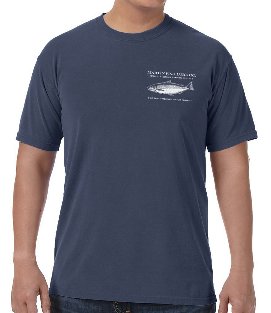 (Official) Martin Fish Lure Co. | Salmon Lure Vintage Label T-Shirt Short Sleeve | Authentic Vintage Apparel | Denim | XL (Official) Martin Fish Lure Co. | Salmon Lure Vintage Label T-Shirt Short Sleeve | Authentic Vintage Apparel | Denim | XL