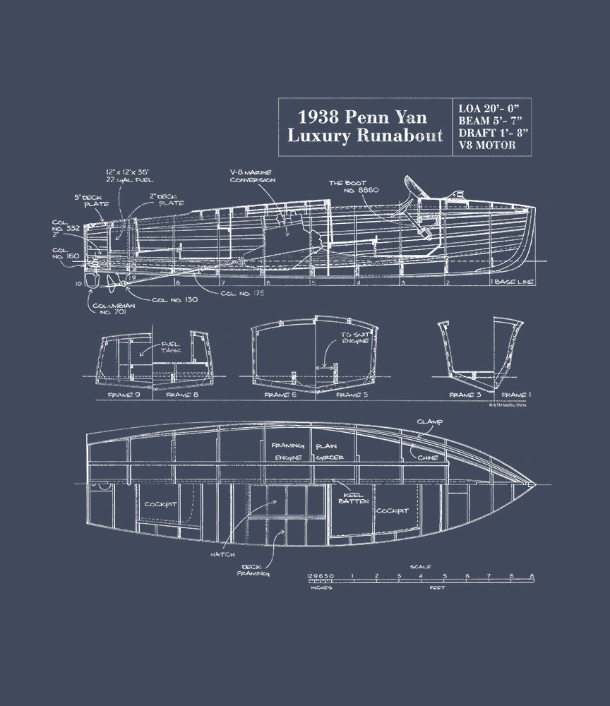 Penn Yan 1938 Runabout Blueprint T-Shirt