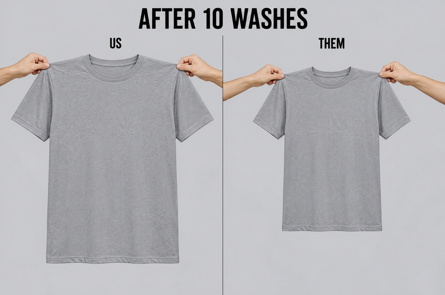 After 10 washes: our tee holds its full size beside an identical tee that has shrunk a whole size smaller
